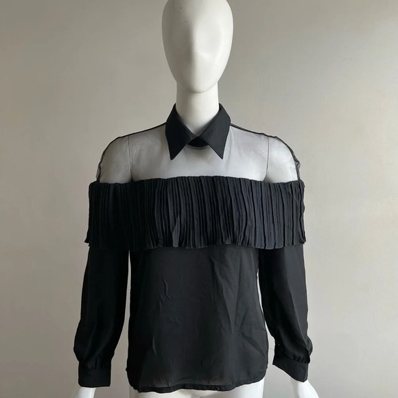 Turn-Down Collar Long Sleeve Pleated Shoulder Blouse XL Black (run Small Like S) - Picture 3 of 8